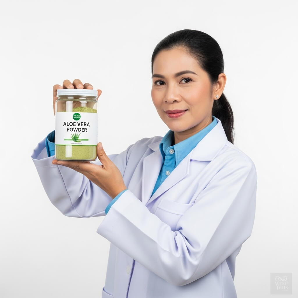 นักวิจัยถือผงว่านหางจระเข้ออร์แกนิก 200X สำหรับสกินแคร์