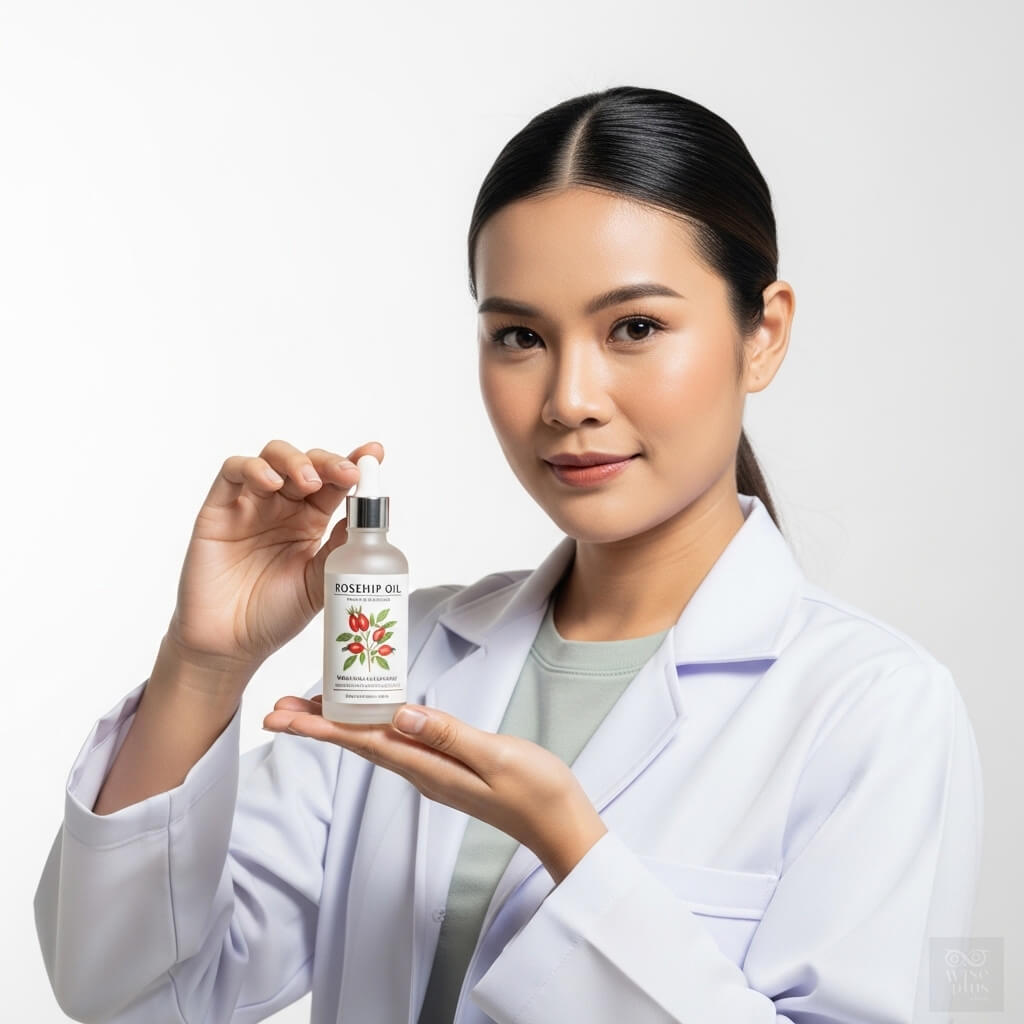 นักวิจัยสาวไทยถือขวดสารสกัด Rosehip Oil
