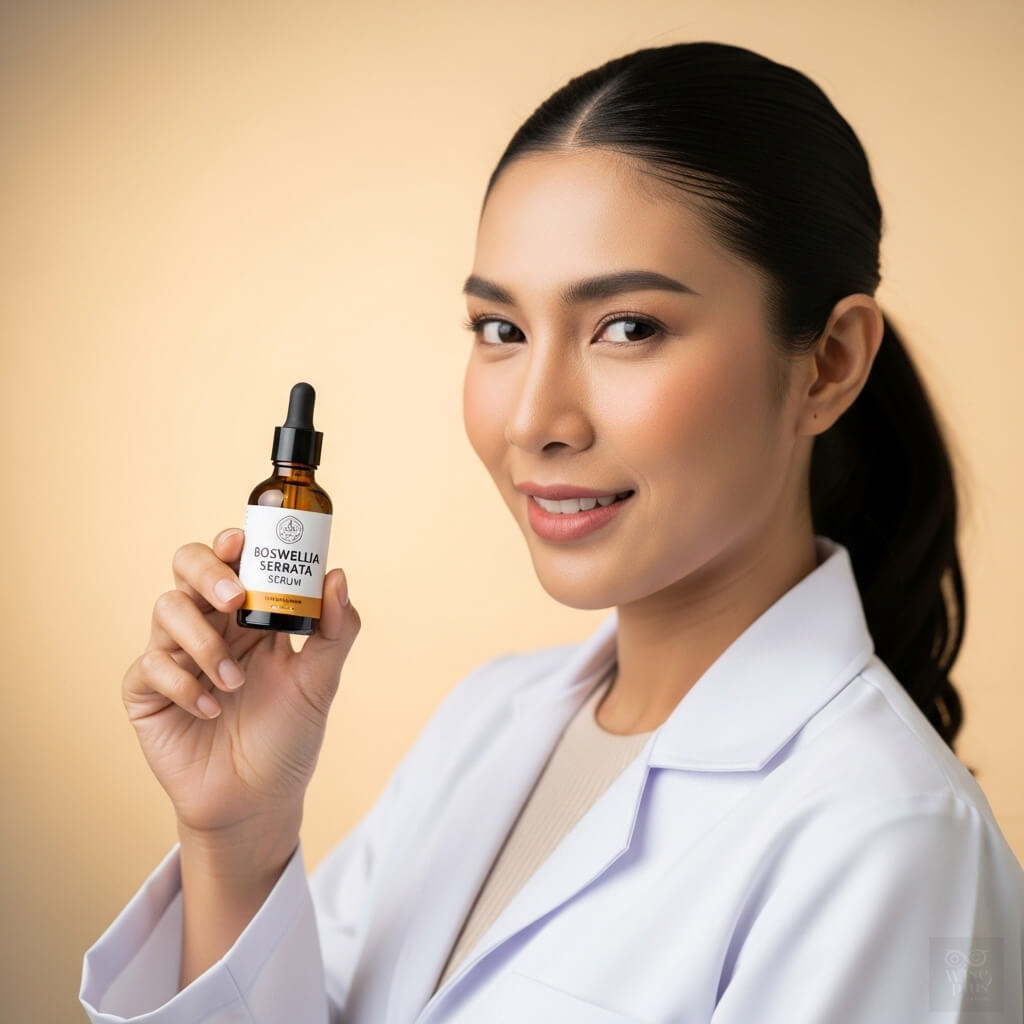 นักวิจัยสาวไทยถือขวดเซรั่ม Boswellia Serrata