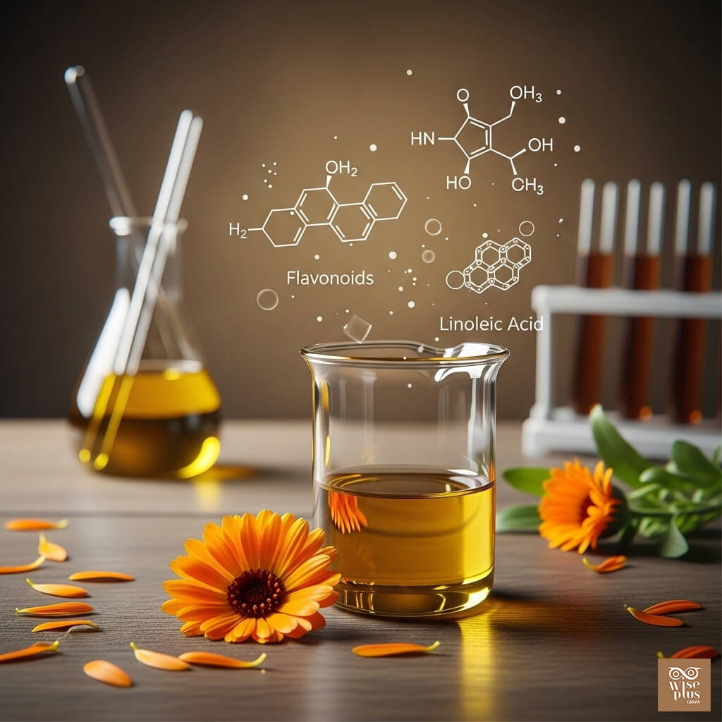 ส่วนประกอบสำคัญในสารสกัดดอกดาวเรือง เช่น flavonoids และ linoleic acid
