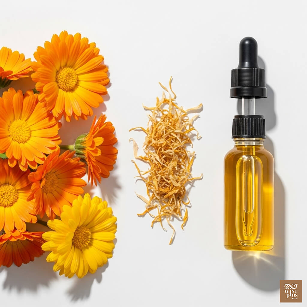 ดอกดาวเรืองและขวดสารสกัดบนพื้นหลังสีขาวสำหรับใช้ในสกินแคร์