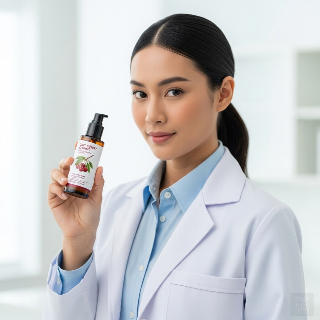 นักวิจัยสาวไทยถือขวดสารสกัดเชอร์รี่ทาร์ต