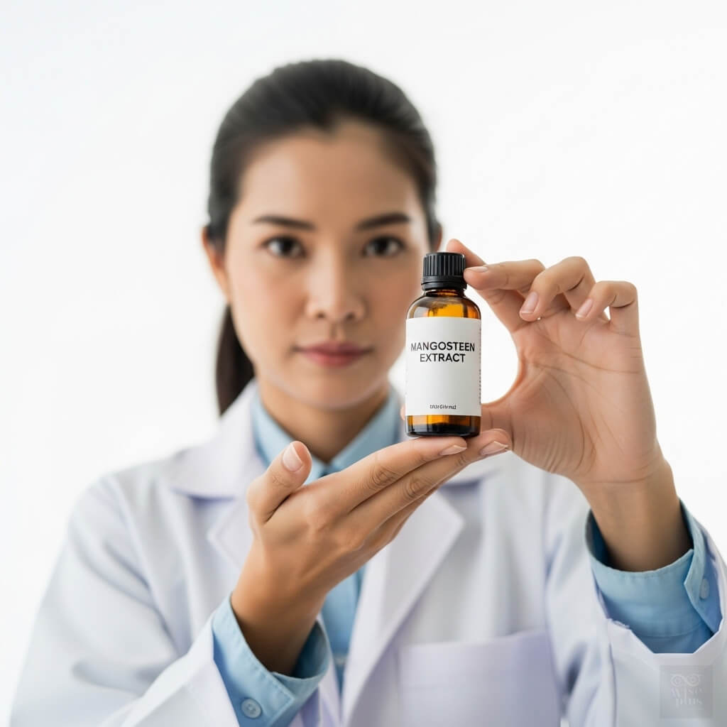 นักวิจัยสาวไทยถือขวดสารสกัดมังคุดในห้องแล็บ