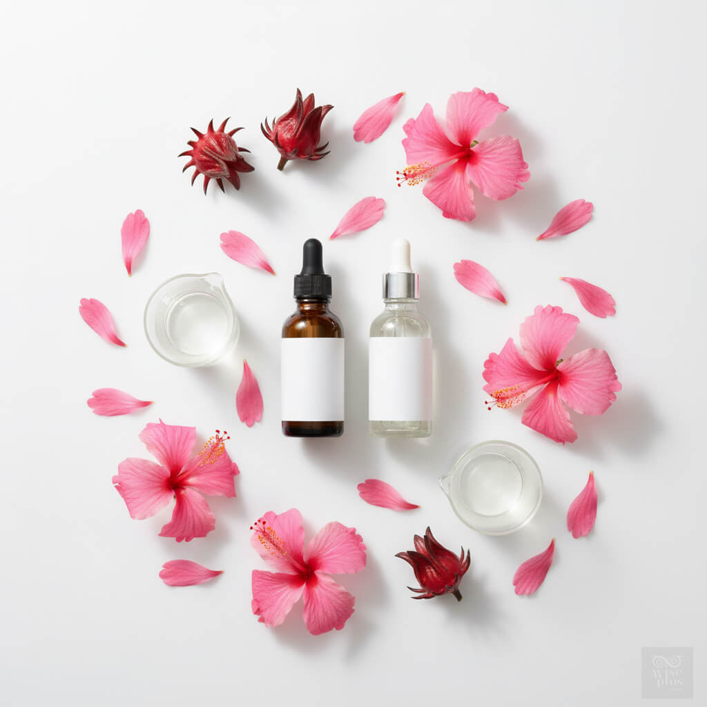 ดอกชบาและขวดสารสกัดสำหรับสกินแคร์