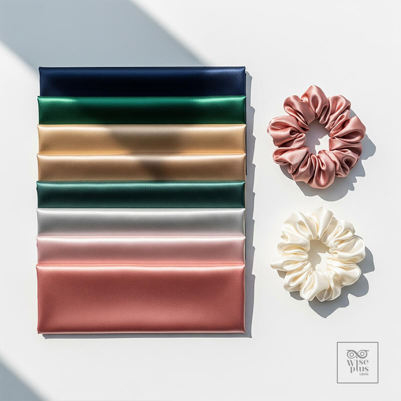 ตัวอย่างผ้าซาตินและยางรัดผมซาตินบนพื้นหลังสีขาว