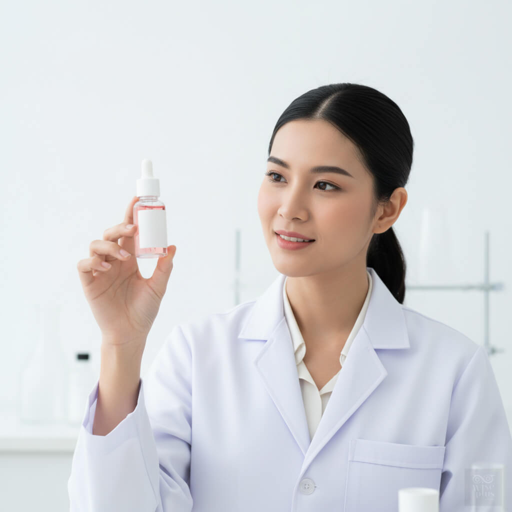 นักวิจัยสาวไทยถือขวดเซรั่มสารสกัดดอกชบา