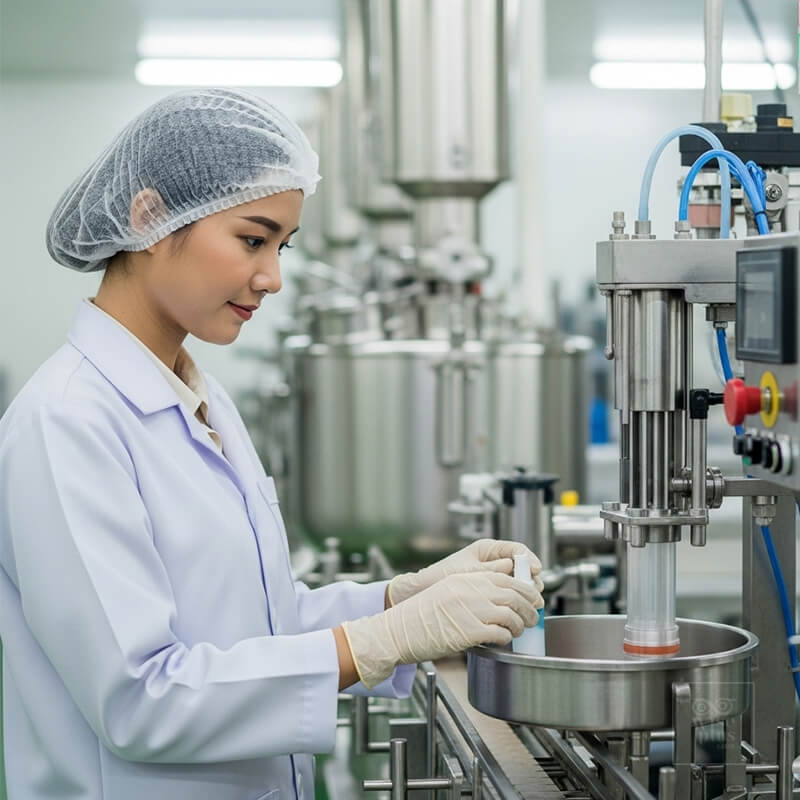 เจ้าหน้าที่ควบคุมคุณภาพในโรงงานผลิตเครื่องสำอาง OEM มาตรฐาน GMP