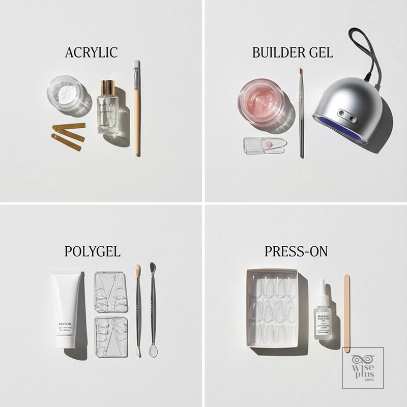 ชนิดต่อเล็บยอดนิยมอะคริลิกเจลโพลีเจลและเพรสออน