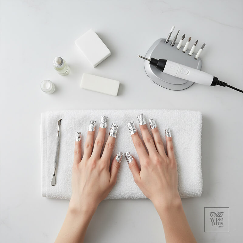 ขั้นตอนถอดเล็บต่ออย่างปลอดภัยด้วยโฟลวแรปและอะซิโตน