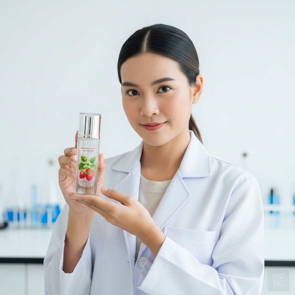 นักวิจัยสาวไทยถือขวดสารสกัดสตรอเบอรี่