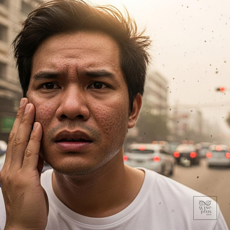 ผิวหน้าผู้ชายมันและมีรูขุมขนกว้างในสภาพอากาศเป็นพิษ