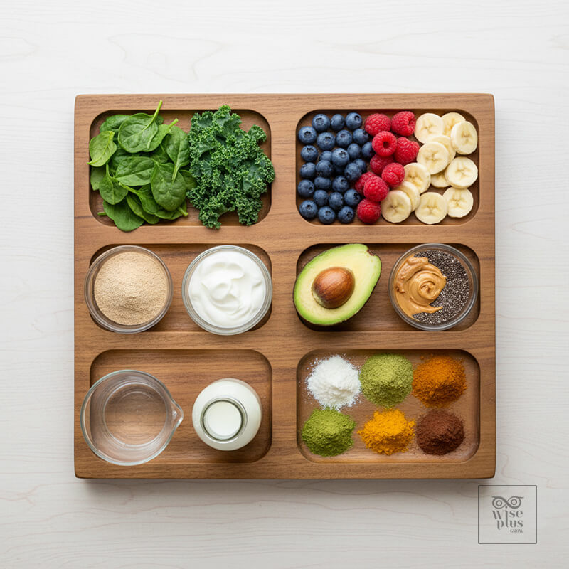 โครงสร้างสมูทตี้สมดุลใบเขียวผลไม้โปรตีนไขมันดี