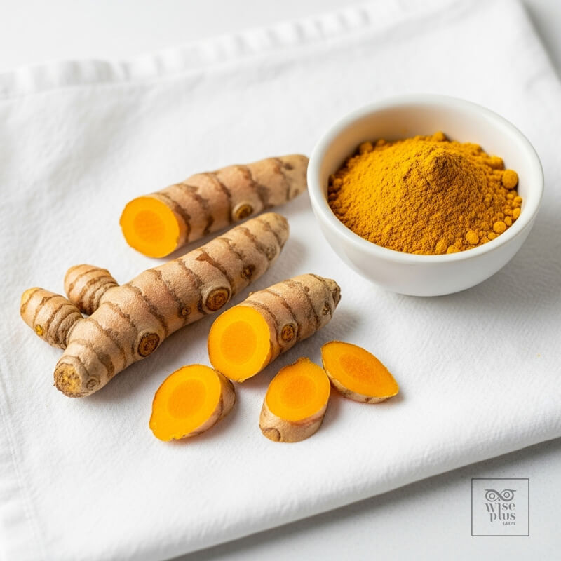 รากขมิ้นสดและผงขมิ้นบนผ้าสะอาด