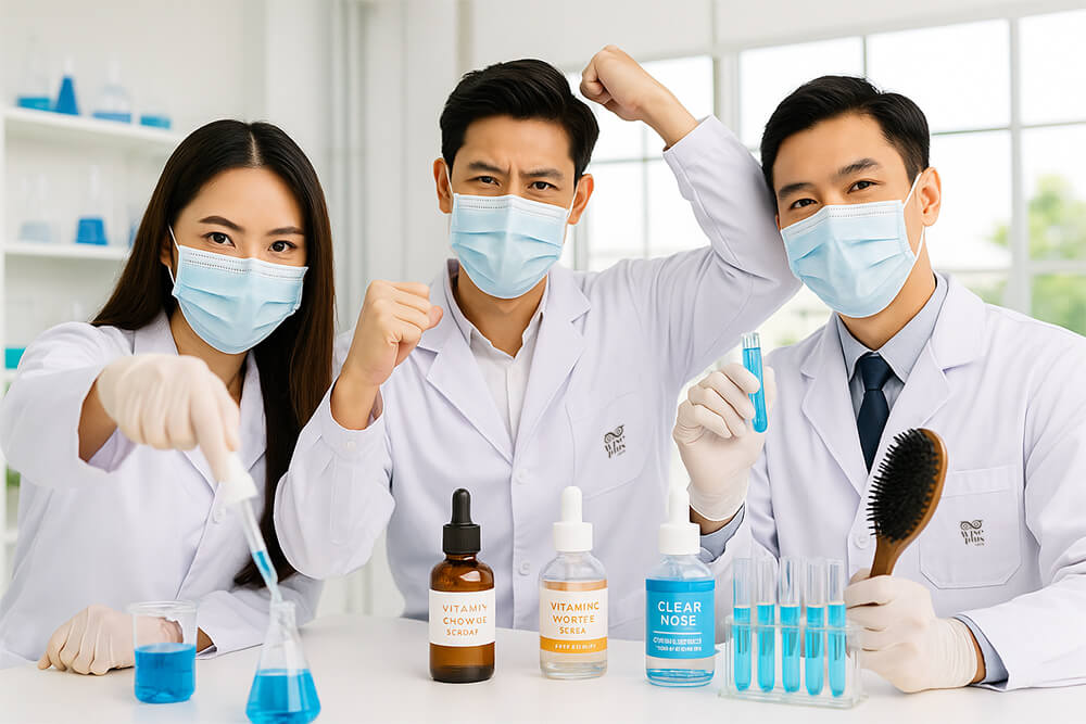 ทีม R&D เซรั่มผม Wise Plus Grow กำลังพัฒนาสูตรในห้องแล็บ