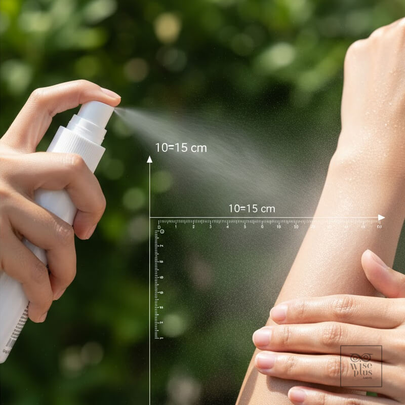 ฉีดสเปรย์กันแดดระยะ 10–15 ซม. ให้ผิวเปียกและเกลี่ยซ้ำ