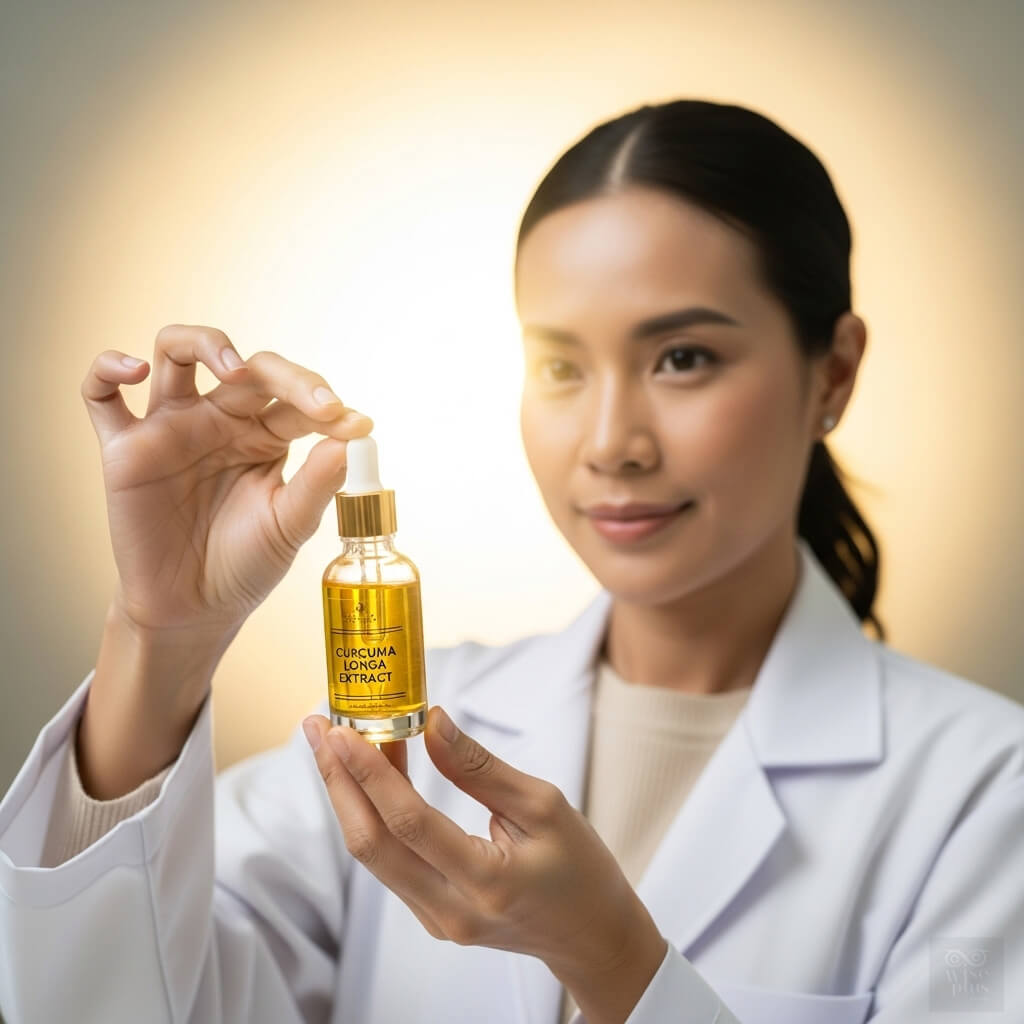 นักวิจัยสาวไทยถือขวดสารสกัดขมิ้นชัน Curcuma Longa Extract