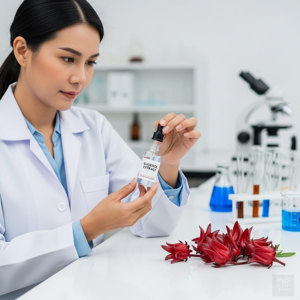 นักวิจัยสาวไทยถือขวดสารสกัด Eugenol Extract